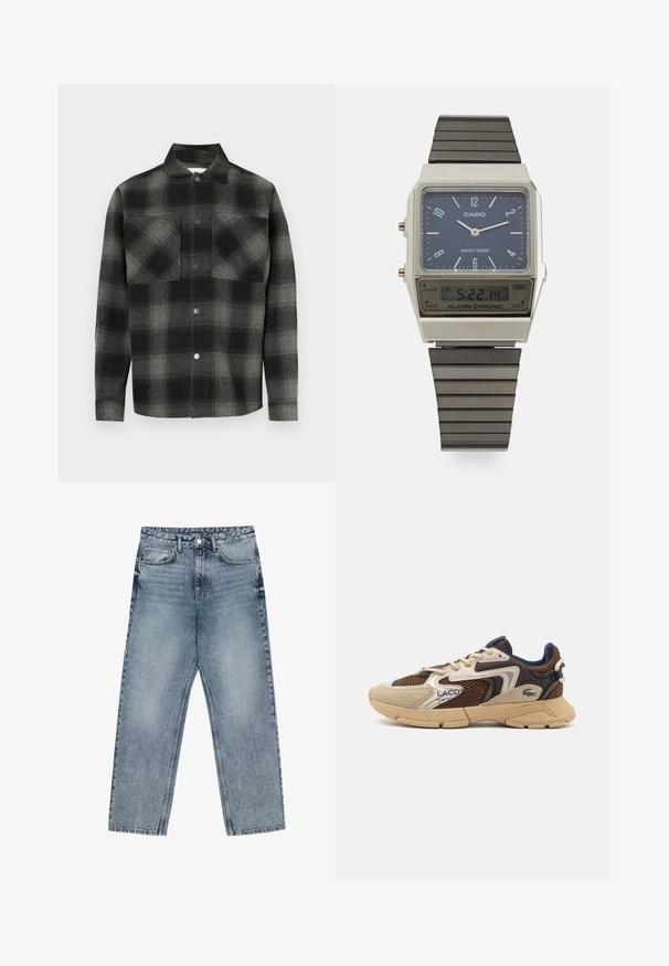 Chemise à carreaux dans des tons de noir et gris, avec une fermeture boutonnée à l'avant, deux poches poitrine et un col. Confectionnée dans un tissu texturé.; Jean en denim bleu clair avec une coupe droite, couture visible, design à cinq poches et fermeture à bouton à la taille.; Sneaker beige et marron avec des panneaux en maille texturée, des accents en daim et une semelle en caoutchouc. Présente un design à lacets et des détails de marque.; Montre numérique Casio avec un cadran bleu, un boîtier en acier inoxydable et un bracelet en caoutchouc noir à couches. Affiche l'heure et les réglages de l'alarme. Résistante à l'eau.