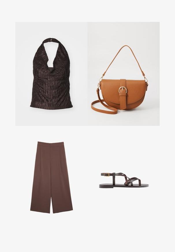 Nařasený top na halter v tmavě hnědé barvě, s hlubokým výstřihem do V a hladkým, texturovaným materiálem s jemným leskem.; Hnědé široké kalhoty s hladkou texturou, vysokým pasem a předními záhyby. Materiál je lehký a volně splývá.; Hnědé kožené sandály s kříženými pásky, uzavřením na přezku u kotníku a plochou podrážkou s minimem švů.; Hnědá kožená křížová taška s zakřiveným tvarem, zlatými detaily a akcentem s přezkou. Obsahuje odnímatelný popruh na rameno.