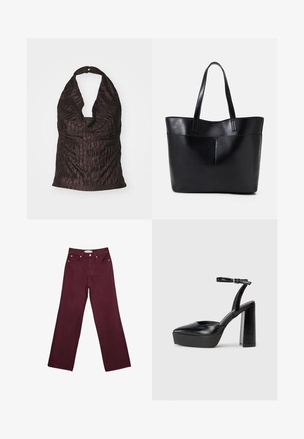 Nabrani halter top u tamnosmeđoj boji, s dubokim V-izrezom i glatkom, teksturiranom tkaninom s suptilnim sjajem.; Burgundske traperice visoki struk, ravnog kroja, s prednjim džepovima, gumbom za zatvaranje i akcentima od bakrenog tona.; Crne platforme s potpeticom s oštrim vrhom i podešivom naramenicom. Izrađene od glatke kože, s masivnom blok petom.; Crna kožna torba s dugim ručkama, glatkom teksturom i strukturiranim oblikom. Ima prednju džep za dodatno pohranu.