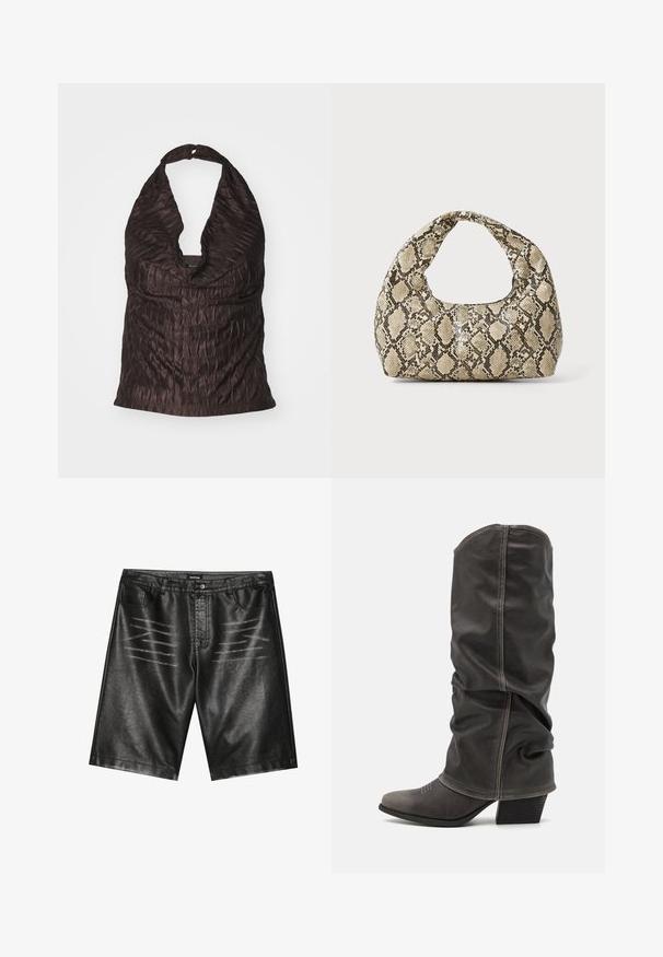 Ráncolt nyakpántos felső sötétbarnában, mély V-alakú dekoltázsral, sima, texturált anyagból, amely enyhe fénylőséggel rendelkezik.; Fekete műbőr rövidnadrág, sima textúrával, öt zsebbel és finom csíkos részletezéssel az elején. Klasszikus egyenes szabású dizájn.; Szürke bőr, térdig érő csizmák, amelyek laza kialakításúak, hegyes orrúak és tornácos sarkúak. Figyelemre méltó varrási részlet az orr részén.; Kígyómintás kézitáska ívelt fogantyúval. Texturált, bézs és barna anyagból készült, jellegzetes gyémántmintával.