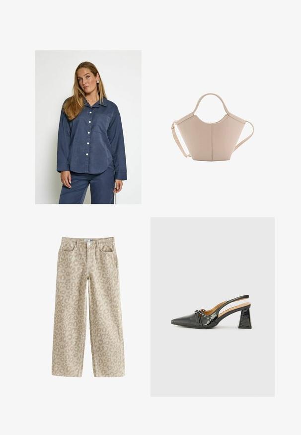 Frau mit langen blonden Haaren, die ein passendes, lockeres, navyblaues Hemd mit Knöpfen und eine Hose trägt, steht vor einem schlichten, hellen Hintergrund.; Beige weite Jeans mit einem dezenten Leopardenmuster, aus Baumwolle mit glatter Textur, mit Fronttaschen und einem Knopfverschluss am Bund.; Schwarzer Lacklederslingback-Schuh mit spitzem Zeh, dreieckigem Absatz und dekorativem Riemen mit silbernen Akzenten. Glatte Textur.; Beige Lederhandtasche mit einer einzigartigen Form, die zwei kurze Henkel und einen langen verstellbaren Riemen aufweist. Glatte Textur mit minimalen Hardware-Elementen.