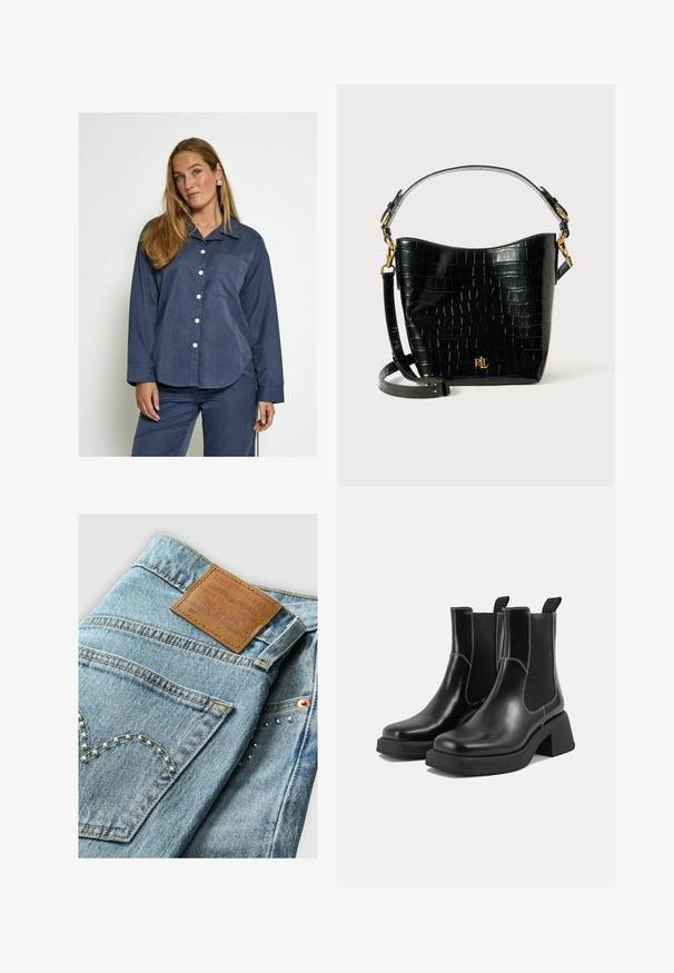 Vrouw met lang blond haar, gekleed in een bijpassend losse marineblauw knoopshirt en broek, staande tegen een effen lichte achtergrond.; Levi's® CROP - Straight leg jeans - hidden happiness; Zwarte leren Chelsea-boots met een chunky hak, elastische zijpanelen en contrasterende witte stiksels. Gestructureerde afwerking.; Zwarte croco-embossed leren tas met een gebogen ontwerp, gouden hardware-accenten, een verstelbare schouderriem en een logo-detail aan de voorkant.
