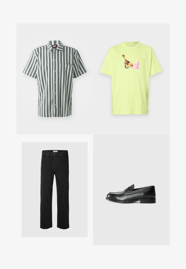 Koszula z krótkim rękawem w pionowe czarno-białe paski, zapinana na guziki z kieszonką na piersi. Wykonana z lekkiego materiału z kołnierzykiem.; Jasnozielona bawełniana koszulka z grafiką ptaka i różowego loda, z prostym okrągłym dekoltem i krótkimi rękawami.; Czarne dżinsy straight-leg cechują się klasycznym pięciopocketowym wzorem, z zapięciem na guzik, minimalnym przeszyciem oraz miękką teksturą.; Czarne skórzane mokasyny z gładkim wykończeniem, haftowanymi detalami wzdłuż przodu buta oraz lekko podniesionym obcasem.