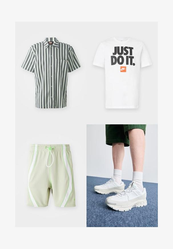 Rövidujjú ing, függőleges fekete és fehér csíkokkal, gombos elülső résszel és mellzsebbel. Könnyű anyagból készült, galléros kialakítással.; Fehér pamut póló rövid ujjal, merész fekete "CSINÁLD CSUPÁN!" felirattal és egy narancssárga Nike logóval felette.; Világoszöld sportnadrág fehér hálós oldalsó betétekkel és zöld részletekkel. Jellemzője a rugalmas derékpánt és a húzózsinóros záródás.; Fehér sportcipők texturált burkolattal, vastag talppal és szürke részletekkel. Fehér sportzoknival és zöld rövidnadrággal viselve, kék felületen.
