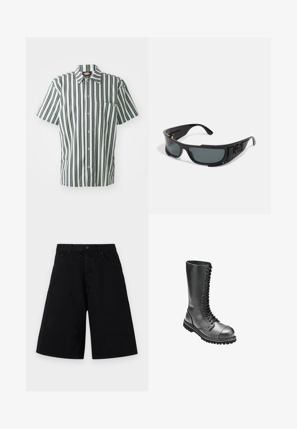 Lühikeste varrukatega särk, millel on vertikaalsed mustad ja valged triibud, nööbid ees ja rinnaeend. Valmistatud kergest kangast, millel on kraega disain.; Mustadest denimist lühikesed püksid, millel on mugav lõige, klassikaline viie tasku disain ja nööpauguga kinnitus, sile tekstuur ning sirge jala lõige.; Mustad mustad nahast lahtise nööriga lahingukingad, millel on kõrge varre, ümmargune varvas, polsterdatud krae ja tekstureeritud kummist tald, mis tagab parema haarde.; Must huvil pruun plastraamiga, hallide läätsedega, ühtse disainiga, külgmiste aksentidega ja logo detailiga pöidla peal.