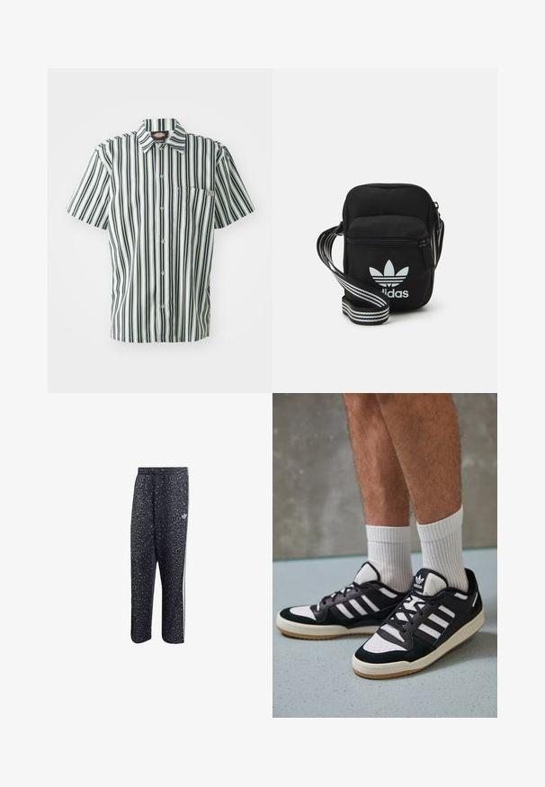 Rövidujjú ing, függőleges fekete és fehér csíkokkal, gombos elülső résszel és mellzsebbel. Könnyű anyagból készült, galléros kialakítással.; Fekete sportnadrág leopárdmintával, fehér háromsávos dizájnnal és egy sportmárka logójával az oldalon.; Fekete-fehér tornacipők velúr és bőr felsőrésszel, három fehér csíkkal, perforált orral és gumi talppal.; Fekete anyagú, keresztpántos táska cipzáras záródással, fehér Adidas logóval és csíkos állítható pánttal a könnyű hordozás érdekében.