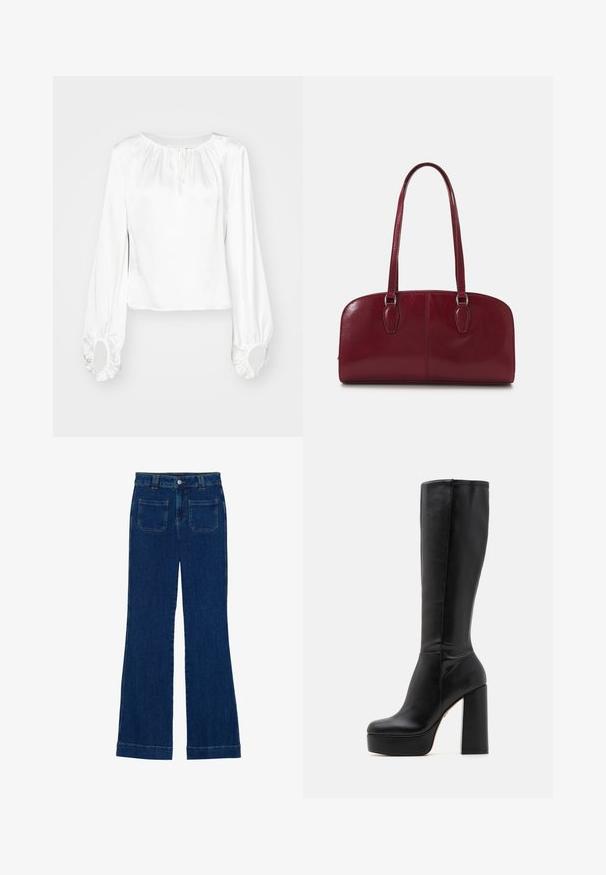 Blusa bianca a maniche lunghe in tessuto liscio, con scollatura arricciata, dettaglio con cordoncino e polsini elasticizzati con aperture rotonde.; Jeans a zampa d'elefante in denim di colore blu scuro, con una consistenza liscia, design a cinque tasche e chiusura a bottone in vita.; Stivali neri al ginocchio realizzati in pelle liscia con finitura testurizzata, con un alto tacco quadrato e una punta rotonda.; Zign LEATHER - Borsa a mano - dark red