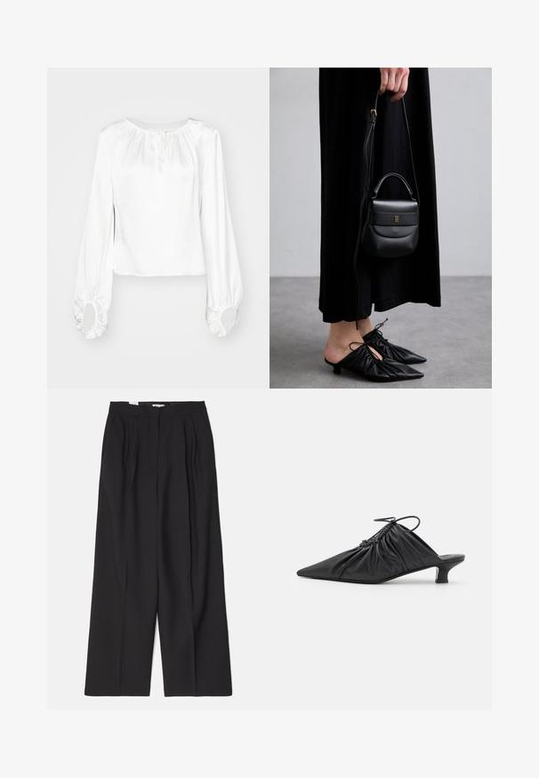 Witte blouse met lange mouwen van gladde stof, met een geplooide halslijn, trekkoorddetails en elastische manchetten met ronde openingen.; Bally Broek - black; Zwarte leren instappers met een spitse neus, gegatherde textuur en een kleine kittenhiel. Heeft een trekkoorddetail aan de opening.; Kleine zwarte leren handtas met een ronde vorm, bovenhandvat en verwijderbare schouderband. Draagt bij een zwart stoffen jurk en zwarte geplooide schoenen.