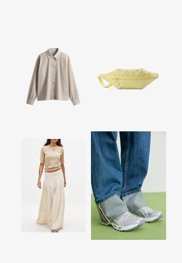 Light beige button-up shirt with a textured fabric, featuring a pointed collar and long sleeves, designed with vertical ribbed lines.; Beige knitted short-sleeve top paired with a long, flowy cream skirt featuring vertical pleats and a smooth texture.; Gray athletic shoes with mesh material and white accents, paired with blue denim jeans that are cuffed at the ankles.; Yellow nylon fanny pack with a flat, triangular shape, zipper closure, side loop, and two circular accents on the front. Smooth texture.