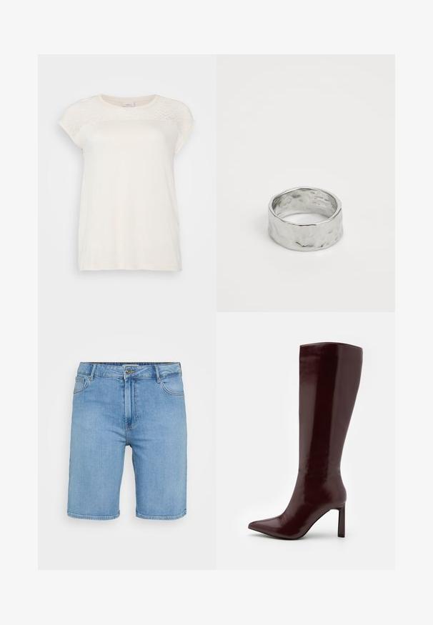 ONLY Carmakoma CARFLAKE mleczny; Jasnoniebieskie dżinsowe szorty o klasycznym kroju, z zapięciem na guzik z przodu, szlufkami na pasek oraz dwoma bocznymi kieszeniami. Gładka struktura i prosta końcówka.; Even&Odd - Kozaki; Srebrny pierścionek o młotkowanej strukturze, szerokiej obrączce i gładkiej wewnętrznej powierzchni. Odbijające światło wykończenie podkreśla nieregularny wzór.