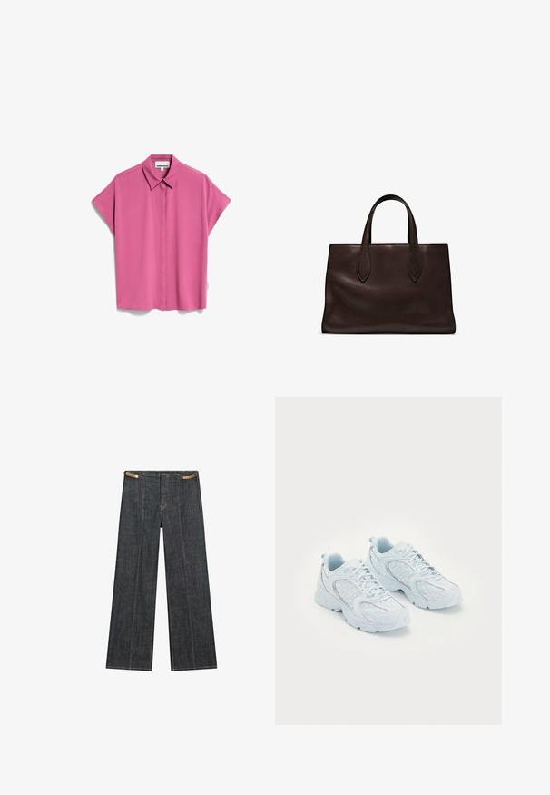 ARMEDANGELS LARISAANA - Overhemdblouse - crushed berry; Donkergewassen denimwijdpijpbroek met een hoge taille. Kenmerken zijn zichtbare stiksels, een knoopsluiting en een unieke kettingaccent aan de taille.; Lichtblauwe sportschoenen met een bovenwerk van mesh en synthetisch materiaal, voorzien van witte stippen en reflecterende accenten, vetersluiting en gevoerde zolen.; Bruine leren tote bag met twee verlengde handvatten, gestructureerde rechthoekige vorm, gladde textuur en subtiele stiksels.