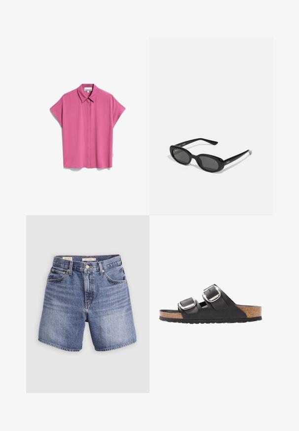 ARMEDANGELS LARISAANA - Button-down blouse - crushed berry; Denim shorts in light blue wash, featuring a high waist, five pockets, zip fly, and button closure. Simple, classic cut with straight legs.; Black sandal with two adjustable straps, silver buckles, and a cork footbed on a textured black rubber sole.; Black sunglasses with oval lenses, glossy plastic frame, and slender arms. Features Ray-Ban logo in white on the side.