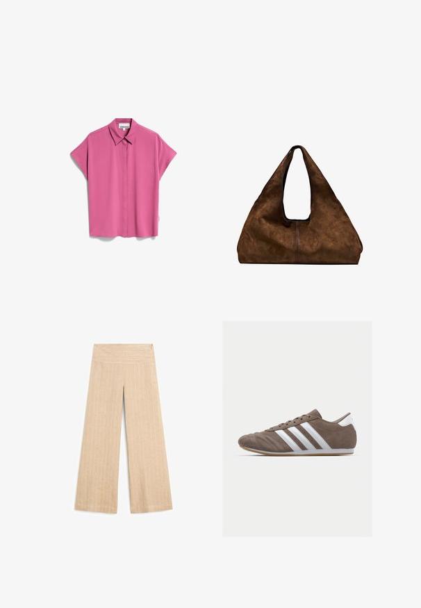 ARMEDANGELS LARISAANA - Hemdbluse - crushed berry; Beige Hosen mit weitem Bein und vertikalen weißen Nadelstreifen. Hergestellt aus einem strukturierten Stoff. Verfügt über einen glatten Bund und eine lockere Passform.; Braune Wildleder-Sportschuhe mit weißen Streifen, runder Zehenform, Schnürdesign und Gummisohle. Strukturiertes Obermaterial mit Nahtdetails.; Braune Wildleder-Schultertasche mit offenem Oberteil. Sie verfügt über einen tiefen, breiten Körper, einen ausgeschnittenen Griff und minimale Nähte für ein sauberes Design.