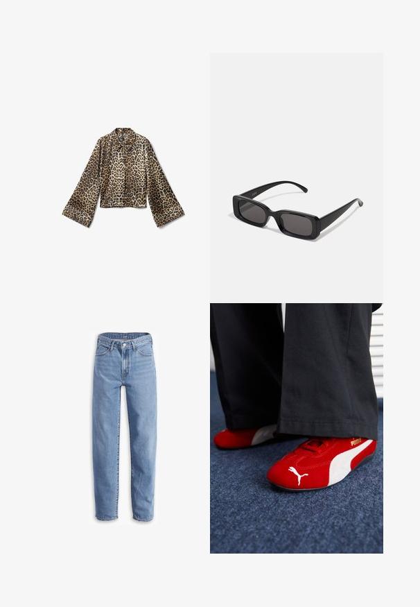 Leopardenmuster, verkürzte Jacke mit langen, ausgestellten Ärmeln. Hergestellt aus glattem Stoff, mit einem Kragen und Knopfverschluss.; Helle blaue Jeans aus Denim, mit entspannter Passform, geradem Bein, Fünf-Taschen-Design und ausgefransten Säumen für einen lässigen Look.; Rote Wildledersneaker mit weißen Akzenten, aus strukturiertem Material, mit runder Zehenpartie und einem goldenen Logo an der Seite, getragen mit schwarzen Hosen.; Schwarze rechteckige Sonnenbrille mit dunklen Gläsern, glänzender Oberfläche, breiten Bügeln und einem klobigen Rahmen-Design. Gravierter Markenname auf einem Bügel.; Even&Odd Shopping Bag - black