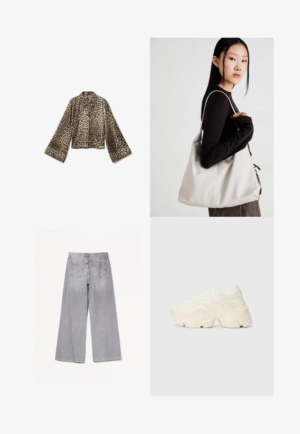 Giacca corta con stampa leopardata e maniche lunghe a campana. Realizzata in tessuto morbido, presenta un colletto e una chiusura con bottone.; Bershka WIDE-LEG - Wide Leg - grey; Sneakers bianchi chunky realizzati in mesh testurizzato e materiali sintetici, dotati di una suola spessa e dettagli con motivi intricati lungo i lati.; Borsa a mano beige realizzata in materiale morbido, caratterizzata da un design morbido, dettagli cuciti e due manici. Adatta per l'uso quotidiano.