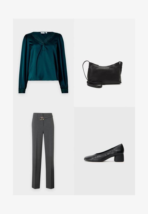 Blusa de cetim verde-água com mangas longas, decote em v com rendinha, e punhos elásticos com detalhes florais. Textura suave e lisa.; Calças femininas ajustadas em cinza escuro com pernas retas e um cinto fino coincidente com uma fivela em tom dourado.; Sapato de salto preto em couro com bico arredondado e salto médio bloco. Textura suave com detalhes mínimos, apresentando uma abertura elástica discreta.; Bolsa de ombro em pele preta com textura suave, forma curva, alça ajustável e fecho com zip. Design minimalista sem adornos.
