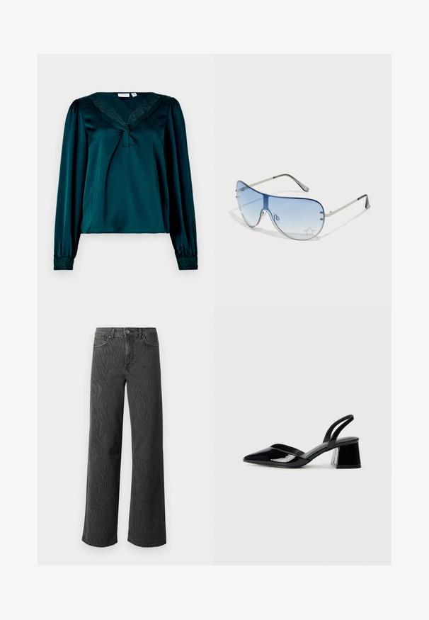 Teal satengbluse med lange ermer, v-hals med blondekant og elastiske mansjetter med blomsterdetaljer. Myk, glatt tekstur.; Vide ben jeans i mørkegrå denim, med en subtil zebra-mønster tekstur, kontrast søm, og fem lommer med knappestol. ; Svarte patentlær slingback hæler med spiss tå og geometrisk blokk hæl. Har et stilrent, minimalistisk design og jevn tekstur.; Pilotbriller med gradient blå linse, sølvfarget metallramme og dekorative stjerneaksenter på linsen. Glatt og stilren design.
