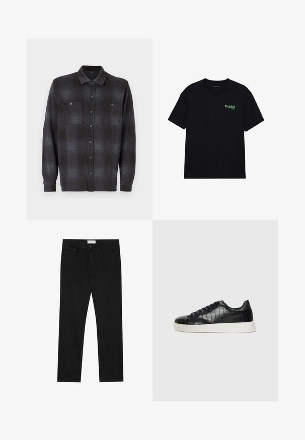 Fekete és sötétszürke kockás mintázatú, hosszú ujjú, gombos ing, két mellzsebbel és klasszikus gallérral. Sima szövettextúra.; Fekete pamut póló rövid ujjakkal. A bal mellrészen zöld szöveg olvasható: "Tropica" és "Növeszd a sajátodat". Klasszikus kerek nyakú fazon.; Fekete egyenes szárú farmernadrág, öt zsebes dizájnnal, gombos és cipzáras záródással, valamint Pier One márka címkével a derékrészen.; Fekete sportcipő, amely texturált krokodilbőr felsőrésszel, kerek orral és sima felületű, kontrasztos fehér gumitalppal rendelkezik.