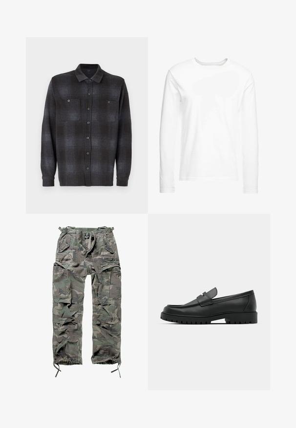 Pitkähihaista nappipaitaa musta ja tummanharmaa ruudullinen kuvio, jossa on kaksi rintataskua ja perinteinen kaulus. Sileä kangas.; Pitkähihaista valkoista t-paitaa, joka on valmistettu pehmeästä puuvillasta. Pyöreä kaula-aukko, suorat helmat eikä näkyviä kuvioita tai grafiikoita.; Vihreät ja harmaat camo cargo-housut, joissa on useita taskuja, joustava vyötärö, säädettävät nilkkareunat ja rento istuvuus.; Musta nahkaloafers, joissa on pyöreä kärki, ommeltu pinta, matala alusta ja kuvioitu, kuminen ulkopohja.