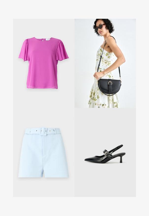 Top rosa de manga curta com decote redondo e detalhes de mangas plissadas, feito em tecido leve. Fecho posterior com botões.; Calções azul-claro com cintura cingida, apresentando uma fivela quadrada e pormenores em metal. Tecido suave, corte ajustado e frente plissada.; Saltos slingback em verniz preto com bico pontiagudo e um pequeno salto bloco, apresentando um detalhe de fivela prateada na tira.; Bolsa de couro preta com forma curva, alça destacável e detalhes em dourado. A bolsa possui uma aba com detalhe de fivela.
