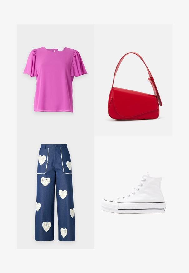 Top rosa a maniche corte con scollatura rotonda e dettagli manica plissettati, realizzato in tessuto leggero. Chiusura posteriore con bottoni.; Sister Jane HEART TO HEART - Jeans a sigaretta - blue denim; Sneaker alta in tela bianca con suola in gomma nera, punta in gomma frontale e sei asole per i lacci, caratterizzata da un design pulito e minimalista.; Borsa a tracolla in pelle rossa con un design angolare e geometrico. Presenta una singola tracolla regolabile e una chiusura a patta con dettagli cuciti.