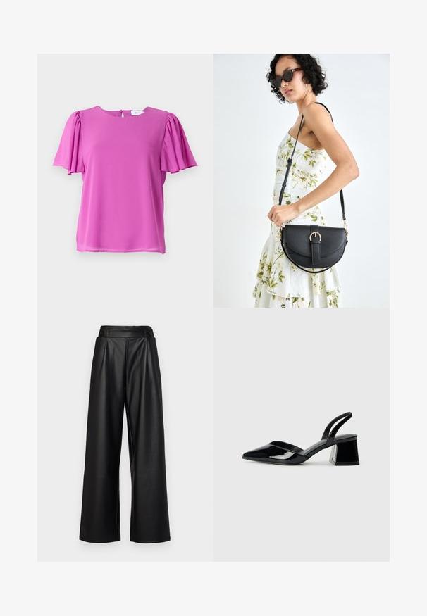 Ružičasti kratkotrajni top s okruglim izrezom i nabranim detaljima rukava, izrađen od lagane tkanine. Zatvaranje na dugme na leđima.; Crne, široke kožne hlače s visokim strukom, nabranima i s dva kružna dugmeta sprijeda za zatvaranje.; Crne lakirane kožne sandale s otvorenom petom i špicastim vrhom, s geometrijskom blok petom. Imaju elegantan, minimalistički dizajn i glatku teksturu.; Crna kožna torba s lukovitim oblikom, odvojivim remenom i zlatnim detaljima. Torba ima preklop s kopčom.