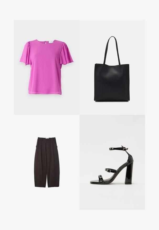 Różowa bluzka z krótkim rękawem, okrągłym dekoltem i plisowanymi detalami rękawów, wykonana z lekkiego materiału. Zapięcie z guzikiem z tyłu.; Czarne spodnie o szerokich nogawkach wykonane z gładkiego materiału, z wysokim stanem, plisami z przodu i bocznymi kieszeniami. Prosty fason bez zdobień.; Czarne lakierowane sandały na obcasie z kwadratowym noskiem, z paskami wokół kostki i srebrnymi klamrami. Posiadają masywny słupek dla stabilności.; Czarna skórzana torba tote o gładkiej fakturze, prostokątnym kształcie i dwóch długich uchwytach. Brak widocznych elementów metalowych i ozdób.