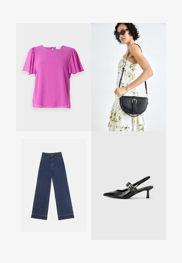 Rosa T-Shirt mit kurzen Ärmeln und Rundhalsausschnitt, versehen mit plissierten Ärmeldetails, aus leichtem Stoff gefertigt. Rückseitiger Knopfverschluss.; Weite Jeans in dunkelblauem Denim. Verfügt über fünf Taschen, Gürtelschlaufen und einen rohen Saum am unteren Ende mit sichtbaren Nahtdetails.; Schwarze Lackleder Slingback-Absätze mit spitzem Zeh und kleinem Blockabsatz, ausgestattet mit einem silbernen Schnallenakzent am Riemen.; Schwarze Lederhandtasche mit geschwungener Form, abnehmbarem Tragegurt und goldenen Beschlägen. Die Tasche verfügt über einen Deckel mit einer Schnallen-Details.