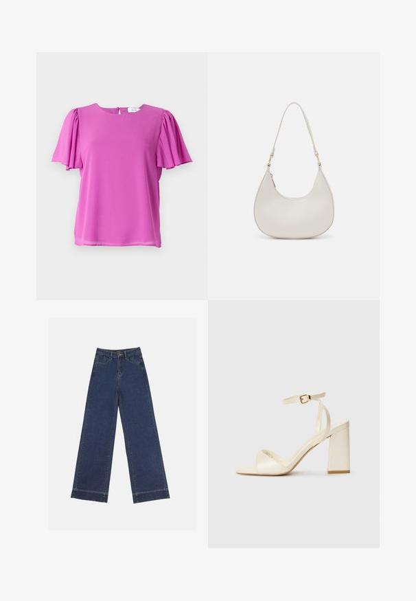 Rosa T-Shirt mit kurzen Ärmeln und Rundhalsausschnitt, versehen mit plissierten Ärmeldetails, aus leichtem Stoff gefertigt. Rückseitiger Knopfverschluss.; Weite Jeans in dunkelblauem Denim. Verfügt über fünf Taschen, Gürtelschlaufen und einen rohen Saum am unteren Ende mit sichtbaren Nahtdetails.; Cremefarbene Sandalen mit Absatz, offener Spitze, dicker Blockabsatz, dünnem Knöchelriemen und subtil glänzender Oberfläche. Schnallenakzent am Riemen.; Cremfarbene Leder-Schultertasche mit einer Halbmondform, dünnem Schulterriemen und subtilen Stichdetails. Minimalistisches Design mit goldfarbenen Hardware-Akzenten.