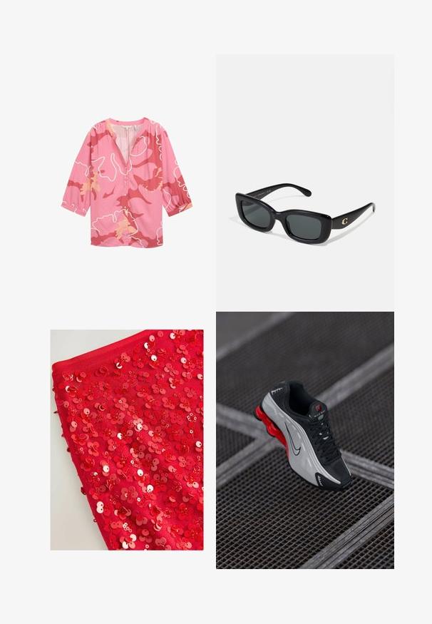 Blusa rosa con un motivo astratto in tonalità di rosa scuro e pesco, con scollatura a V, chiusura con bottoni e maniche a tre quarti.; Maglia da football bianca ritagliata in tessuto a rete. Presenta strisce rosse sulle maniche e un grande numero '85' rosso sul davanti.; Tessuto rosso coperto di brillanti paillettes rosse a forma di fiori, con diverse dimensioni e texture, che creano un aspetto stratificato e tattile.; Scarpa sportiva nera e grigia con suola imbottita rossa, lacci neri e logo swoosh, poggiata su una superficie in griglia metallica.; Occhiali da sole rettangolari neri con lenti scure, realizzati in plastica liscia. Presentano un accento con logo dorato su un asticella.; Borsa a mano in pelle nera con design curvo, manici doppi, accessori in oro e tracolla a catena. Presenta il logo "Lancaster Paris."