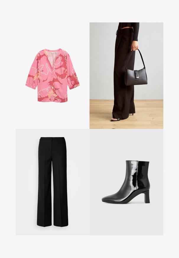 Pink blouse featuring an abstract pattern in darker pink and peach tones, with a V-neck, button-down front, and three-quarter sleeves.; Black wide-leg trousers with a smooth fabric, featuring a high waist, tailored seams, and a minimalist design. No visible hardware or pockets.; Black patent leather ankle boot with a pointed toe and a mid-height block heel. Smooth texture and minimalist design.; Black handbag with structured shape, smooth texture, and a metallic clasp. Paired with wide black pants and open-toe sandals on wooden floor.