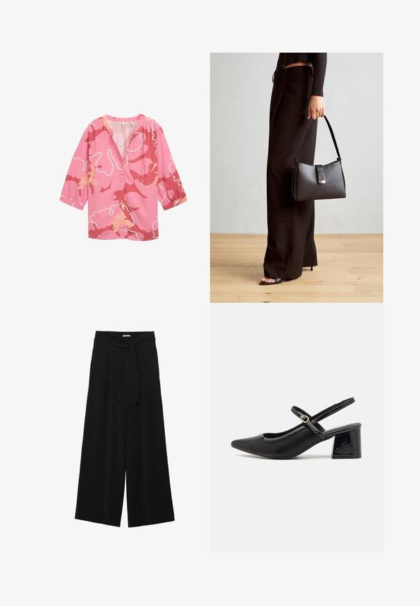 Rozā blūze ar abstraktu rakstu tumšāk rozā un persiku toņos, ar V veida kakla izgriezumu, pogājamu priekšpusi un trīs ceturtdaļu piedurknēm.; Melni platleņķa bikses ar teksturētu audumu, elastīgu jostu un noņemamu siksnu viduklī, kas nodrošina regulējamu piegulšanu.; Melns patentēts ādas sandales ar norādīta pirksta formu, noapaļotu izgriezuma dizainu un bloķētu papēdi. Iezīmēta ar zelta toņa sprādzi.; Melnā somiņa ar strukturētu formu, gludu tekstūru un metālu sprādzi. Saskaņota ar platām melnām biksēm un sandālēm ar atvērtu purngalu uz koka grīdas.