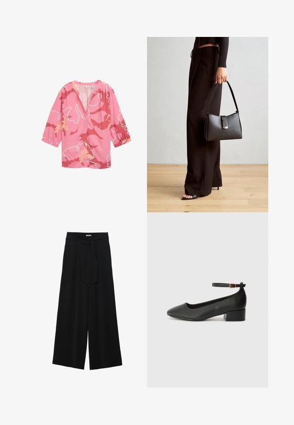 Rozā blūze ar abstraktu rakstu tumšāk rozā un persiku toņos, ar V veida kakla izgriezumu, pogājamu priekšpusi un trīs ceturtdaļu piedurknēm.; Melni platleņķa bikses ar teksturētu audumu, elastīgu jostu un noņemamu siksnu viduklī, kas nodrošina regulējamu piegulšanu.; Melnas ādas sūkņi ar smailu purngalu un zemu bloku papēdi. Iezīmēts ar potītes siksniņu ar zelta krāsas sprādzi. Gluda tekstūra.; Melnā somiņa ar strukturētu formu, gludu tekstūru un metālu sprādzi. Saskaņota ar platām melnām biksēm un sandālēm ar atvērtu purngalu uz koka grīdas.