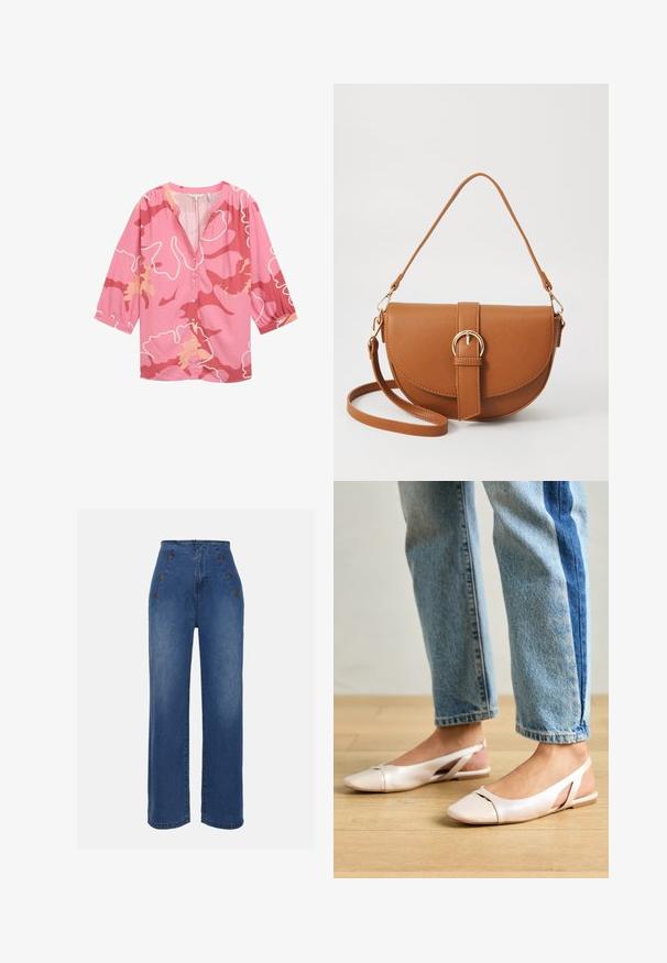 Rozā blūze ar abstraktu rakstu tumšāk rozā un persiku toņos, ar V veida kakla izgriezumu, pogājamu priekšpusi un trīs ceturtdaļu piedurknēm.; Augstas jostas denima bikses vidēji zilā krāsā. Iespējas ir priekšējie pogu akcenti un plata kāju dizains. Audumam ir gluda tekstūra ar nelielu nodilumu.; Bālti rozā siksniņu dzīvokļi ar smailu purngalu, izgatavoti no gludas ādas līdzīgās materiāla. Iezīmē izgriezumu detaļas sānos un platu papēdi.; Brūns ādas plecu soma ar izliekta formu, zelta piederumiem un sprādzes akcentu. Iesaiņota ar noņemamu plecu siksnu.