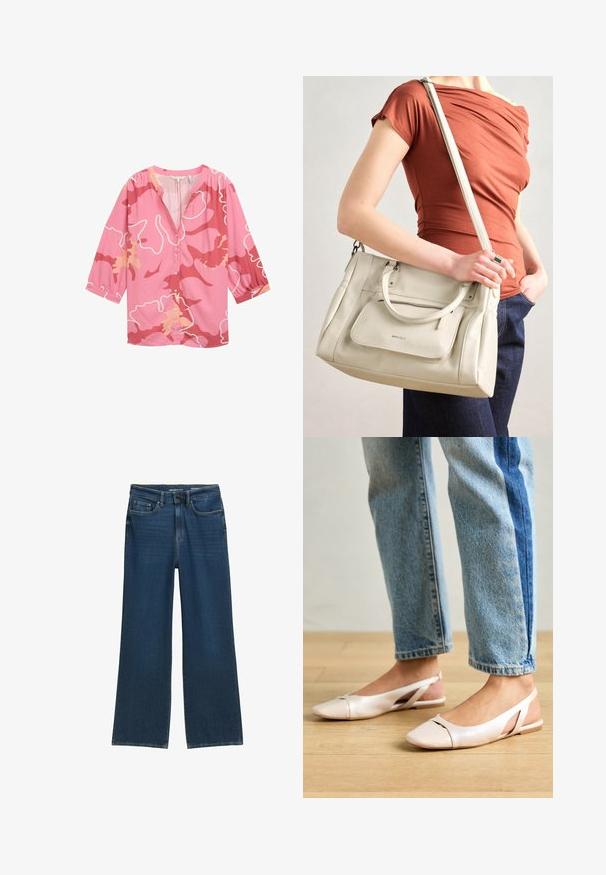 Blusa rosa con un patrón abstracto en tonos de rosa oscuro y melocotón, con escote en V, parte delantera con botones y mangas de tres cuartos.; Jeans de denim de pierna ancha en azul oscuro, con un diseño de cinco bolsillos, cierre de botón y detalles de costura sutiles en las costuras.; Bailarinas de color rosa pálido con tiras traseras y punta puntiaguda, fabricadas con un material similar al cuero suave. Presentan detalles recortados en los laterales y un tacón plano.; Bolso de mano de cuero blanco con asas dobles y correa desmontable, con un bolsillo delantero con cremallera y textura suave. Sosteniéndolo en el brazo de una persona.