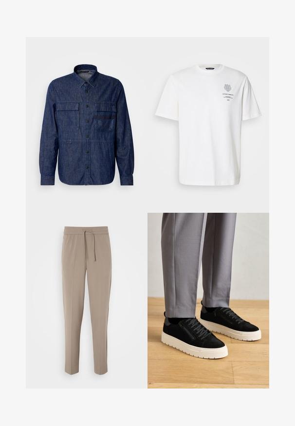 Herre denimskjorte, mørkeblå, lange ermer, knappet front, to brystlommer, teksturert lomme, ensfarget stoff.; Hvit bomull T-skjorte med rund hals, kort ermer og trykt logo og tekstdesign på forsiden i grå.; Lys beige bukser med elastisk talje, justerbar snor og avsmalnede ben. Stoffet ser glatt ut med en svak glans.; Sorte semskede sneakers med en teksturert finish, med en hvit gummisåle og dekorative glidelåsdetaljer på siden, brukt sammen med grå bukser.
