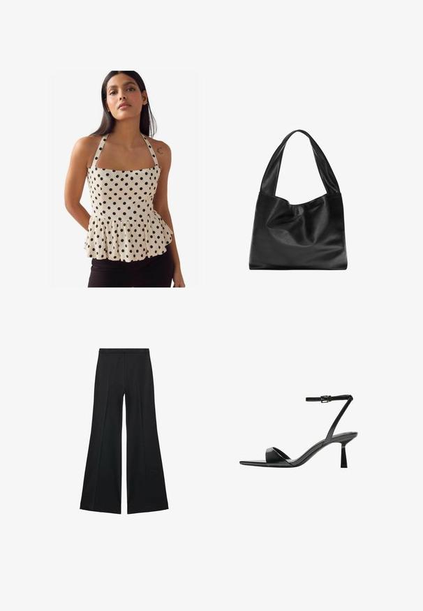 Top en peplum en tissu crème avec des pois noirs, décolleté carré et bretelles réglables. Présente un ourlet froncé pour la forme.; Pantalons larges noirs avec une texture lisse, présentant des plis sur le devant et un design ajusté. Le tissu est léger et fluide.; Bershka Sandales à talons hauts - black; Sac fourre-tout en cuir noir au design souple et décontracté, avec de larges poignées et une texture lisse. Pas de quincaillerie ni d'ornements visibles.