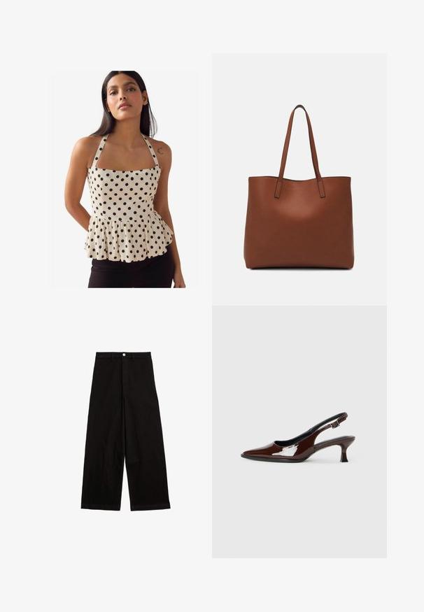 Peplum-Oberteil aus cremefarbenem Stoff mit schwarzen Polka-Dots, quadratischem Ausschnitt und verstellbaren Trägern. Mit einem gerafften Saum für Form.; Schwarze weit geschnittene Hose aus Baumwolle. Mit einem Taillenbund, vorderer Knopfverschluss und ohne auffällige Muster oder Akzente.; Braune Lackleder-Slingback-Schuhe mit spitzer Zehe und moderatem Absatz. Mit einem Schnallenriemen für einen sicheren Sitz. Glatte Textur.; Braune Leder-Tote mit glatter Textur, offenem Oberteil und zwei Schulterriemen. Verfügt über minimale Nähte und keine sichtbaren Beschläge.