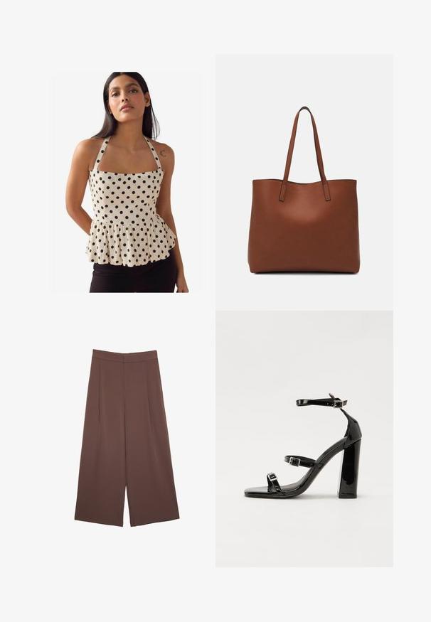 Peplum top od kremastog materijala s crnim točkicama, kvadratnim izrezom i podesivim naramenicama. Ima skupljeni rub za oblik.; Smeđe hlače širokog kroja s glatkom teksturom, koje imaju visok struk i nabore sprijeda. Tkanina je lagana i slobodno se kreće.; Crne lakirane sandale na pete sa kvadratnim nosom, trakama oko gležnja i srebrnim kopčama. Imaju čvrst blok petu za stabilnost.; Smeđa kožna torba preko ramena s glatkom teksturom, otvorenim vrhom i dvjema naramenicama. Ima minimalne šavove i nema vidljivog hardvera.