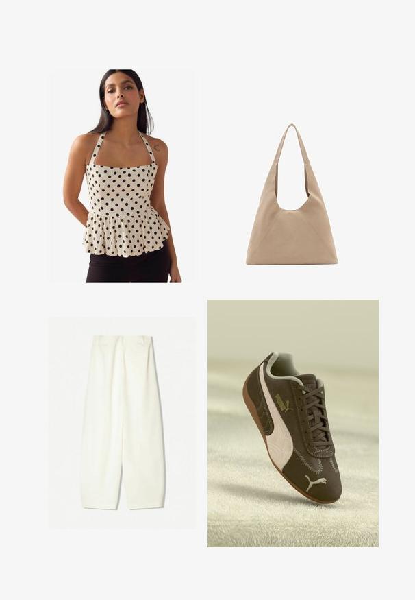 Peplum top in cream fabric with black polka dots, square neckline, and adjustable straps. Features a gathered hemline for shape.; Wide-leg trousers in a soft cream fabric, featuring a smooth texture, front pockets, and a relaxed fit with a mid-rise waistband.; Brown Puma sneaker with beige stripe and logo, laced, resting on a textured beige surface.; Beige fabric tote bag with a unique triangular shape, wide shoulder straps, and visible seam details for added structure.