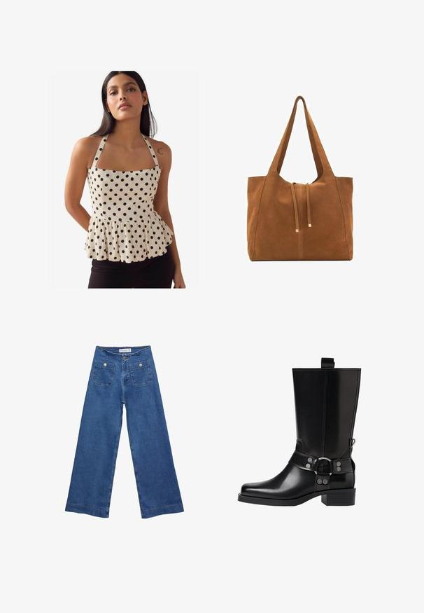 Top peplum in tessuto crema con pois neri, scollatura quadrata e spalline regolabili. Presenta un orlo arricciato per dare forma.; Jeans in denim a gamba larga con un lavaggio blu medio, due tasche frontali con chiusura a bottone e dettagli cuciti lungo gli orli.; Stivale in pelle nera alto fino al ginocchio con punta affusolata, dettagli in argento e tacco largo. Presenta un inserto per facilitare l'indossamento.; Borsa a tracolla in suede marrone con due lunghe cinghie, chiusura con cordoncino e design minimalista. Texture liscia e senza elementi hardware visibili.