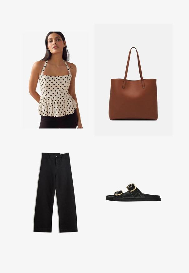 Kreemi kangast peplum-särgil mustad täpid, ruudukujuline kaelus ja reguleeritavad rihmad. Omab kogutud äärist, et luua kuju.; Mustat leveät farkut korkealla vyötäröllä, joissa on etu- ja takataskut, ommellut saumat ja nappisuljenta. Silkinoinen rakenne.; Musta liukusandaali, jossa on kaksi kultaisesta solkesta tehtyä korostusta, sileäpintainen materiaali, litteä pohja ja minimalistinen muotoilu.; Ruskea nahkainen olkalaukku, jossa on sileä pinta, avoin yläosa ja kaksi olkahihnaa. Omaavat vain minimaalisen ompelun eikä näkyvää metalliosaa.