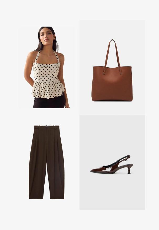 Peplum top z krémové tkaniny s černými puntíky, čtvercovým výstřihem a nastavitelnými ramínky. Má nařasený lem pro tvar.; Hnědé kalhoty s vysokým pasem a sklady, vyrobené z hladké látky. Volný střih, rovné nohavice, obsahující poutka na opasek a zip.; Hnědé lakované kožené slingback boty s špičatou špičkou a mírným podpatkem. Disponují přezkou pro bezpečné upevnění. Hladký povrch.; Hnědá kožená taška přes rameno s hladkou texturou, otevřeným designem a dvěma ramenními popruhy. Obsahuje minimální švy a žádné viditelné kovové prvky.