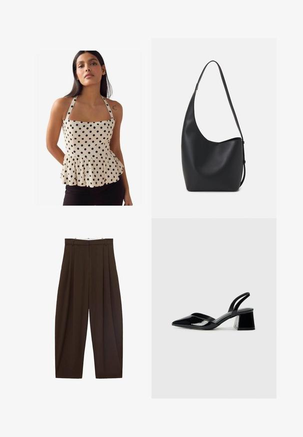 Peplum top in crèmekleurige stof met zwarte stippen, vierkante halslijn en verstelbare schouderbanden. Heeft een geplooide zoom voor vormgeving.; Bruine high-waisted broek met plooien, gemaakt van soepel materiaal. Loose fit, rechte pijpen, met riemlussen en een ritsluiting.; Zwarte gepatineerde leren slingback hakken met een spitse neus en een geometrische blokhak. Kenmerkt zich door een slank, minimalistisch ontwerp en een gladde textuur.; Zwarte leren hobo tas met een gladde textuur, kromme vorm en een enkele verstelbare schouderband; heeft een brede opening aan de bovenkant.