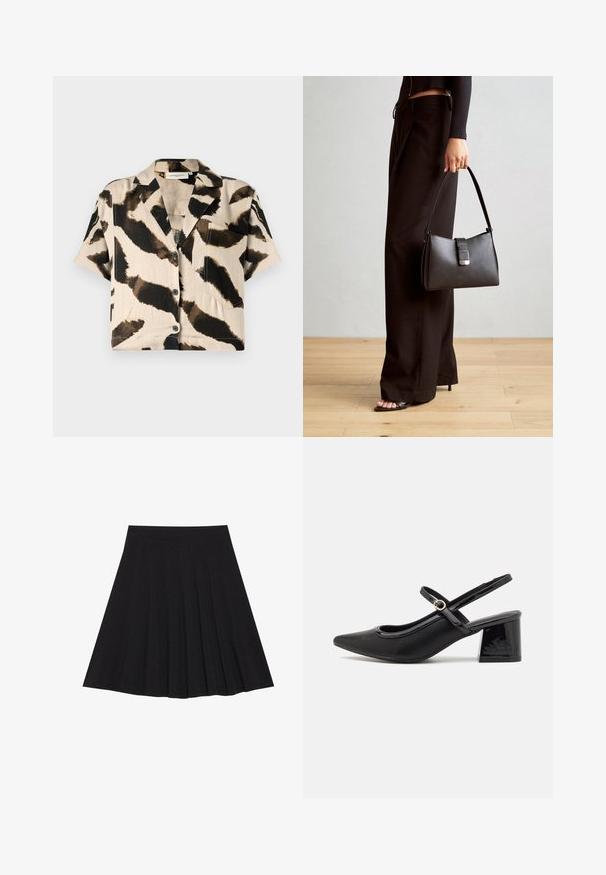 Camicetta a maniche corte in stampa animale crema e nera. Dotata di colletto, bottoni frontali e taschino sul petto. Realizzata in un tessuto leggero.; Gonna nera plissettata realizzata in tessuto strutturato con una vita aderente. Cade all'altezza del ginocchio, presentando una silhouette liscia e pulita.; Décolleté in vernice nera con cinturino dietro, punta affusolata, design con ritagli arrotondati e tacco a blocco. Presenta un accento di fibbia tono oro.; Borsa nera con forma strutturata, texture liscia e una chiusura metallica. Abbinata a pantaloni neri larghi e sandali open-toe su un pavimento in legno.