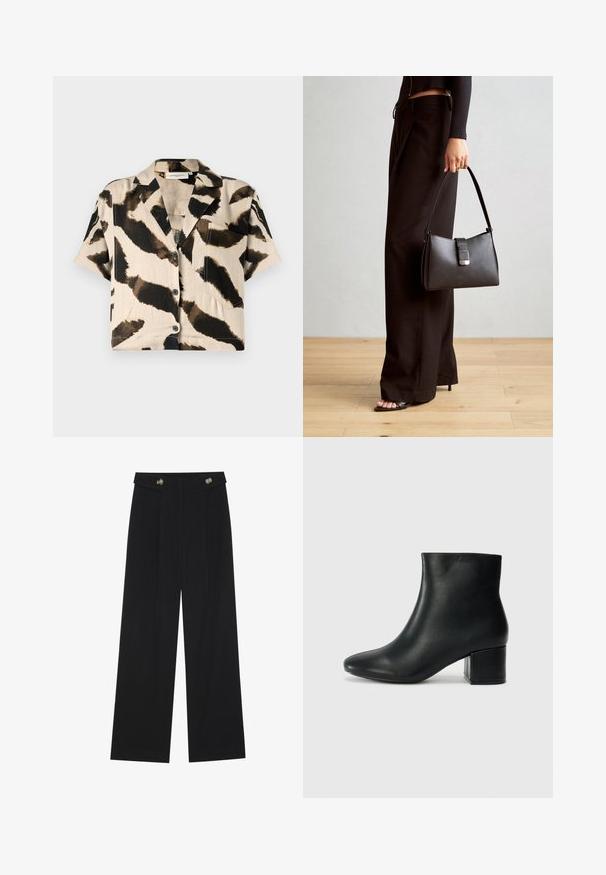 Kratek rokav srajca v smetanasti in črni živalski vzorec. Ima ovratnik, sprednje gumbe in žep na prsih. Narejena je iz lahkega materiala.; Črne široke hlače s visokim pasom, gumbnimi detajli na pasu in sprednjimi gubami.; Črne usnjene gležnjarje s koničastim nosom in debelim peto. Gladka tekstura z minimalnimi detajli in eleganten, prilegajoč dizajn.; Črna torbica z strukturirano obliko, gladko teksturo in kovinskim zaponko. Ujemajo se z širokimi črnimi hlačami in odprtimi sandali na lesenem tleh.