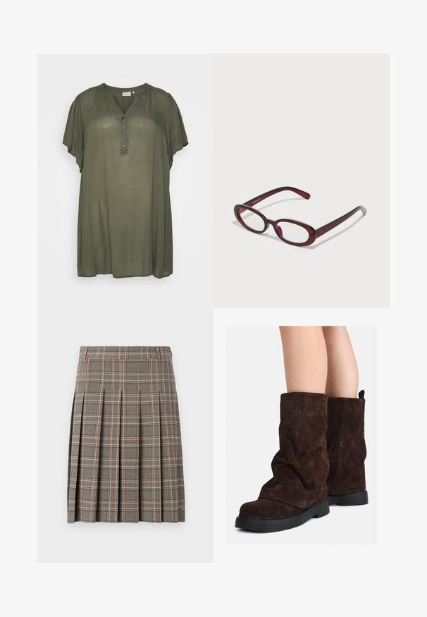 Kaffe Curve KCAMI - Tunika - grape leaf; Grå rutigt kjol med veck, med en blandning av mörka och ljusa toner samt subtila linjer i rosa. Tillverkad av texturerat tyg med midjeband.; Bruna mockasin-stövlar som når till mitten av vaden med svarta gummisulor, som bärs på nakna ben och visar en lätt rynkning på stövlarna.; Ovalformade röda solglasögon med klara linser och eleganta bruna bågar. Designen har subtila kurvor och minimal hårdvara.