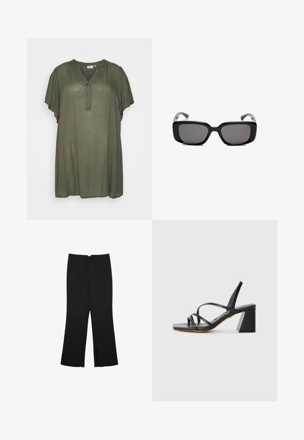 Kaffe Curve KCAMI - Tunika - grape leaf; Črne hlače ravnega kroja z naglavnimi žepi in stranskimi razporki na robu. Narejene iz mehke, gladke tkanine. Primerne za različne priložnosti.; Črne visoke sandale s kvadratnim nosom, ki imajo več tankih trakov in geometrijsko blok peto. Gladka usnjena tekstura in minimalna zasnova.; Črne pravokotne sončne očala z temnimi lečami, gladkim plastičnim okvirjem in ukrivljenimi nogicami. Oblika je robustna in minimalistična.
