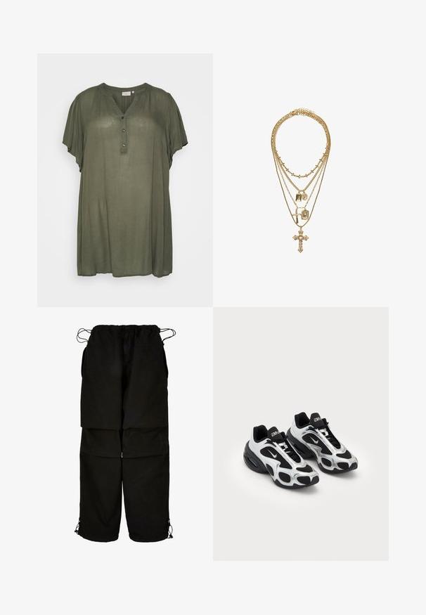 Kaffe Curve KCAMI - Tunika - grape leaf; Schwarze Hose aus leichtem Material, mit verstellbarem Bund und Kordelzug am Saum. Entworfen mit einer lockeren, oversized Passform und mehreren Taschen.; Schwarze und silberne Sportschuhe mit einem Obermaterial aus Mesh und Synthetik, das ein markantes gewelltes Design aufweist und einen gepolsterten Schaft hat, sowie einer Luftpolsterung in der Sohle.; Gold mehrlagige Halskette mit unterschiedlichen Kettenlängen, dekorativen Anhängern wie Kreuzen und rechteckigen Charms sowie einer strukturierten Oberflächenbeschaffenheit.