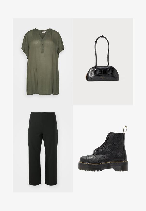 Kaffe Curve KCAMI - Tunique - grape leaf; Vero Moda Curve VMCAUGUSTA PANT - Pantalon classique - black; Bottines en cuir noir avec surface texturée, bout arrondi, lacets, coutures jaunes et une épaisse semelle noire crantée.; Sac à main noir avec motif crocodile, texture lisse, forme arrondie et deux poignées fines. Accent logo en or près de la base.